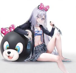 Rule 34 | 1girl, absurdres, animal ears, bare legs, black jacket, black skirt, blue eyes, blue shirt, bottle, bow, breasts, cover, cover image, crop top, eyes visible through hair, fake animal ears, feet out of frame, hair bow, hairband, hand up, highres, holding, holding sword, holding weapon, jacket, knee up, long hair, long sleeves, looking at viewer, medium breasts, midriff, miniskirt, navel, nekometaru, official art, open clothes, open jacket, open mouth, plaid clothes, plaid skirt, pleated skirt, reverse grip, shibou yuugi de meshi o kuu, shirt, sitting, skirt, solo, stomach, striped clothes, striped shirt, sword, thighs, very long hair, water bottle, weapon, white hair, yuuki (shibou yuugi)