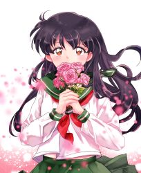Rule 34 | 1girl, absurdres, black hair, blouse, blurry, blush, brown eyes, covered mouth, eyelashes, floating hair, flower, flower over mouth, gradient background, green skirt, hair between eyes, highres, higurashi kagome, holding, holding flower, inuko (nozomi1118), inuko (pixiv6096383), inuyasha, kerchief, light particles, long hair, looking at viewer, orange eyes, own hands together, petals, pink flower, pink rose, pleated skirt, rose, school uniform, serafuku, shirt, skirt, solo, upper body, white background, white shirt, wind