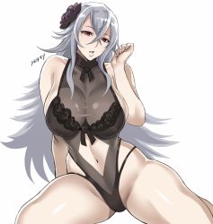 Rule 34 | 1girl, azur lane, black one-piece swimsuit, breasts, cleavage, commentary request, graf zeppelin (azur lane), graf zeppelin (beachside urd) (azur lane), grey hair, hair between eyes, hair ornament, highres, large breasts, long hair, navel, one-piece swimsuit, open mouth, red eyes, see-through, shibusun, simple background, solo, swimsuit, thighs, white background