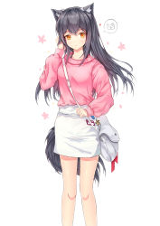 Rule 34 | 1girl, absurdres, alternate costume, animal ear fluff, animal ears, arknights, bad id, bad pixiv id, bag, black hair, brown eyes, casual, commentary, feet out of frame, hand up, handbag, highres, long hair, long sleeves, looking at viewer, miniskirt, neon (hhs9444), pink sweater, simple background, skirt, solo, standing, sweater, tail, texas (arknights), thighs, white background, white skirt, wolf ears, wolf tail