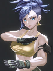 Rule 34 | 1girl, alternate hairstyle, armlet, asymmetrical hair, bad id, bad pixiv id, bare shoulders, blue eyes, blue hair, breasts, closed mouth, earrings, gloves, highres, jewelry, leona heidern, muscular, muscular female, pouch, savarin (fjnr7287), solo, tank top, the king of fighters, the king of fighters xiv, the king of fighters xv, triangle, yellow tank top