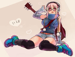 Rule 34 | 1girl, bespectacled, black socks, blush, breasts, female focus, glasses, gradient background, guitar, headphones, instrument, kneehighs, large breasts, long hair, looking at viewer, nitroplus, open mouth, pink hair, pom pom (clothes), red eyes, ribbed sweater, short shorts, shorts, siori, smile, socks, solo, super sonico, sweater, sweater vest