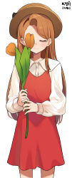 Rule 34 | 1girl, absurdres, asymmetrical bangs, blush, brown hair, brown headwear, closed eyes, covered eyes, cowboy shot, dress, flower, highres, holding, holding flower, idolmaster, idolmaster (classic), idolmaster million live!, long hair, minase iori, myeolchi, red dress, shirt, simple background, smile, solo, tulip, white background