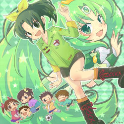 Rule 34 | 10s, 3boys, 3girls, :d, ball, boots, bow, brown eyes, brown hair, cure march, dual persona, eyelashes, green eyes, green hair, green shirt, green shorts, green theme, hatuse, long hair, midorikawa haru, midorikawa hina, midorikawa keita, midorikawa kouta, midorikawa nao, midorikawa yuuta, multiple boys, multiple girls, open mouth, pointing, ponytail, precure, shirt, shorts, siblings, side ponytail, sleeves rolled up, smile, smile precure!, soccer ball, telstar, tri tails, twintails, very long hair