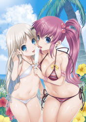 Rule 34 | 2girls, adjusting hair, age difference, arm garter, bare shoulders, bat hair ornament, beach, bikini, blue eyes, blush, bow, breasts, cheek-to-cheek, cleavage, cloud, commentary request, cowboy shot, day, eating, flat chest, flower, food, groin, hair bobbles, hair ornament, hairclip, halterneck, heads together, hibiscus, highres, hug, jpeg artifacts, kiya shii, large breasts, licking, little busters!, long hair, looking at viewer, lowleg, lowleg bikini, multiple girls, navel, noumi kudryavka, o-ring, o-ring bikini, o-ring top, ocean, outdoors, palm tree, parted bangs, popsicle, purple hair, saigusa haruka, sexually suggestive, shared food, side-tie bikini bottom, side ponytail, sideboob, silver hair, sky, smile, standing, string bikini, striped bikini, striped clothes, swimsuit, teamwork, tongue, tongue out, tree, very long hair, water, wet, white bikini, wide hips, wristband