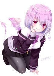 Rule 34 | 10s, 1girl, absurdres, arm up, black footwear, black pantyhose, blush, bow, breasts, brown skirt, closed mouth, commentary request, demon tail, demon wings, fingernails, gridman universe, hair between eyes, hand on own face, hand up, heart, highres, jacket, leaning forward, loafers, long sleeves, medium breasts, omoomomo, pantyhose, pleated skirt, purple bow, purple eyes, purple hair, purple jacket, shinjou akane, shirt, shoes, shore, signature, skirt, sleeves past wrists, smile, solo, ssss.gridman, tail, tail raised, white background, white shirt, wings