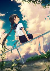 Rule 34 | 1girl, achiki, antenna hair, barefoot, black hair, black skirt, blouse, clenched teeth, cloud, cloudy sky, dutch angle, foot dangle, from behind, grin, highres, long hair, looking at viewer, looking back, mouth hold, on railing, original, plant, ponytail, popsicle stick, purple eyes, railing, school uniform, serafuku, shirt, sitting, skirt, sky, smile, solo, teeth, very long hair, white shirt, wind