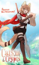 Rule 34 | 1girl, :3, animal ear fluff, animal ears, armor, asymmetrical shorts, black gloves, black shorts, blonde hair, blue sky, blush, boots, braid, breasts, brown footwear, cat ears, cat girl, cat tail, cats &amp; crypts, collared shirt, commentary, copyright name, day, ehrrr, elbow gloves, english commentary, fang, full body, gloves, highres, holding, holding paper, huge weapon, knee boots, long scarf, medium breasts, natasha (cats &amp; crypts), official art, open mouth, orange eyes, original, outdoors, paper, red scarf, scarf, shirt, short hair with long locks, shorts, shoulder armor, side braid, sky, solo, standing, sword, tail, thigh strap, walking, weapon, weapon on back, white shirt