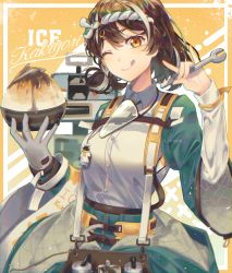 Rule 34 | 1girl, ;), ;q, absurdres, arknights, bad id, bad pixiv id, bowl, brown eyes, brown hair, commentary request, gloves, hachimaki, hands up, headband, highres, holding, holding bowl, kikan (kikanoe), looking at viewer, magallan (arknights), magallan (shaved-ice memories) (arknights), multicolored hair, nejiri hachimaki, official alternate costume, one eye closed, shirt, short hair, single glove, smile, solo, streaked hair, tongue, tongue out, upper body, white hair, white shirt