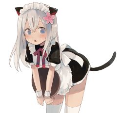 Rule 34 | 10s, 1girl, alternate costume, animal ears, black dress, blue eyes, cat ears, cat tail, dress, enmaided, flower, hair flower, hair ornament, highres, kantai collection, komazu (snake5745), long hair, looking at viewer, maid, open mouth, ro-500 (kancolle), silver hair, solo, tail, tray, waitress, white apron