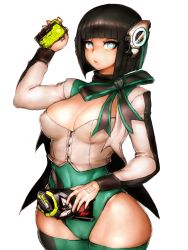 Rule 34 | 1girl, aqua hair, black hair, blue eyes, bon cut, breasts, cameltoe, covered erect nipples, covered navel, fumio (rsqkr), highres, humagear headphones, izu (kamen rider 01), jacket, kamen rider, kamen rider 01 (series), lips, looking at viewer, medium breasts, multicolored hair, progrise key, rider belt, robot ears, shiny skin, short hair, simple background, sketch, solo, standing, streaked hair, thick thighs, thighs, white background, white jacket, wide hips