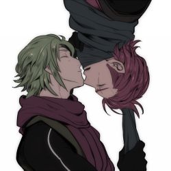 Rule 34 | 2boys, brothers, closed eyes, fire emblem, fire emblem fates, gloves, green hair, imminent kiss, incest, kaze (fire emblem), male focus, multiple boys, nintendo, open mouth, red hair, saizo (fire emblem), scar, scarf, siblings, simple background, u (lastcrime), white background, yaoi