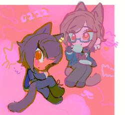 Rule 34 | 1girl, animal ears, black pants, brown eyes, brown hair, cat ears, cat tail, closed mouth, cup, glasses, highres, holding, holding cup, holding plate, huyj cl, knees up, limbus company, looking to the side, multiple views, orange eyes, outis (project moon), pants, pink theme, plate, project moon, short hair, sitting, smile, tail