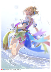 Rule 34 | 1girl, ;d, aiba yumi, barefoot, blonde hair, blurry, blurry foreground, blush, breasts, brown eyes, casino (casinoep), crown, dress, dutch angle, earrings, feet, from behind, gloves, hair ribbon, highres, idolmaster, idolmaster cinderella girls, jewelry, looking at viewer, looking back, medium breasts, mini crown, non-web source, ocean, one eye closed, open mouth, puffy short sleeves, puffy sleeves, ribbon, sash, short hair, short sleeves, smile, soles, solo, standing, standing on one leg, thighs, water, white dress, white gloves
