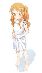 Rule 34 | 1girl, aged down, armpits, arms at sides, bare legs, barefoot, blush, child, clothes lift, dress, dress lift, eyelashes, flat chest, from above, highres, lifted by self, long hair, looking at viewer, matching hair/eyes, nami (one piece), one piece, one piece film: z, orange eyes, orange hair, pout, shadow, simple background, solo, tareme, tattoo, arm tattoo, twintails, urasanmyaku, v-shaped eyebrows, white background, white dress