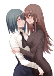 Rule 34 | 2girls, :d, ascot, black ascot, blue hair, blue skirt, blush, breasts, brown eyes, brown hair, brown sweater, closed eyes, collared shirt, facing another, hair between eyes, highres, kinona, long hair, long sleeves, looking at another, medium breasts, multiple girls, open mouth, original, profile, ribbed sweater, shirt, simple background, skirt, smile, sweater, turtleneck, turtleneck sweater, very long hair, white background, white shirt, yuri