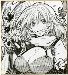 Rule 34 | 1girl, alternate costume, breasts, cleavage, commentary request, fingerless gloves, gloves, greyscale, highres, ishida kazuma, large breasts, looking at viewer, mizuhashi parsee, monochrome, open mouth, pointy ears, scarf, shikishi, short hair, short sleeves, smile, solo, touhou, traditional media, upper body