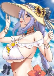 Rule 34 | 1girl, ;d, absurdres, aqua hair, arm up, bare shoulders, bikini, black bow, blue sky, blush, bow, bracelet, braid, breasts, cloud, day, flower, hair bow, hand on headwear, hat, hat bow, hat flower, hibiscus, highres, jewelry, large breasts, light rays, long hair, looking at viewer, navel, necklace, off shoulder, one eye closed, open mouth, outdoors, princess connect!, purple hair, red flower, shizuru (princess connect!), shizuru (summer) (princess connect!), sky, smile, solo, stomach, strap gap, straw hat, sunbeam, sunflower, sunlight, sweat, swimsuit, twin braids, underboob, upper body, very long hair, white bikini, yellow hat, yue (show-ei)