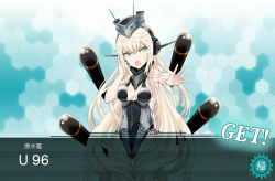 Rule 34 | 10s, 1girl, bare arms, bare shoulders, blonde hair, blue eyes, breasts, center opening, cleavage, cleavage cutout, clothing cutout, fake screenshot, garrison cap, hat, hexagon, isse, kantai collection, long hair, looking at viewer, mecha musume, medium breasts, military, military uniform, original, outstretched arm, palms, peaked cap, personification, serious, simple background, solo, submarine, torpedo, u-96 (kantai collection), uniform, watercraft