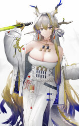 Rule 34 | 1girl, alternate breast size, arknights, bare shoulders, blonde hair, blue hair, breasts, choker, cleavage, colored tips, dragon girl, dragon horns, earrings, gradient hair, grey hair, highres, holding, holding sword, holding weapon, horns, jacket, jewelry, large breasts, long hair, long sleeves, looking at viewer, multicolored hair, off shoulder, open clothes, open jacket, pants, pointy ears, shu (arknights), solo, strapless, sword, tassel, tassel earrings, tube top, weapon, white background, white jacket, yuuki mix