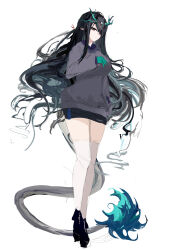 1girl absurdres alternate_costume arknights black_footwear black_hair black_skirt chinese_commentary closed_mouth colored_skin commentary_request dragon_girl dragon_horns dragon_tail dusk_(arknights) floating_hair full_body green_hair green_skin grey_shirt hair_over_one_eye highres horns long_hair long_sleeves looking_down looking_to_the_side mikuning multicolored_hair pointy_ears red_eyes shirt simple_background sketch skirt solo standing tail thighhighs white_background white_thighhighs zettai_ryouiki