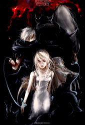 Rule 34 | 1990s (style), 1boy, 1girl, bare shoulders, black gloves, blonde hair, collarbone, cowboy shot, dress, final fantasy, final fantasy iv, gloves, golbez, looking at viewer, monster, red eyes, rosa farrell, size difference, sleeveless, sleeveless dress, white dress