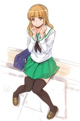 Rule 34 | 1girl, absurdres, bag, bench, black neckerchief, black thighhighs, blouse, blunt bangs, brown footwear, clenched hands, closed mouth, full body, girls und panzer, green skirt, highres, knees together feet apart, kuppipi ramutarou, loafers, long hair, long sleeves, looking at viewer, miniskirt, neckerchief, ooarai school uniform, orange eyes, orange hair, pleated skirt, school bag, school uniform, serafuku, shirt, shoes, sitting, skirt, smile, solo, takebe saori, thighhighs, white shirt