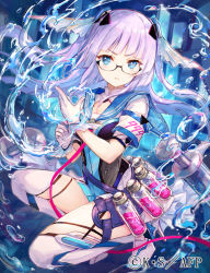 Rule 34 | 1girl, ange vierge, armband, black-framed eyewear, blue eyes, blue sailor collar, boots, closed mouth, commentary request, floating hair, glasses, gloves, hair ornament, long hair, looking at viewer, official art, sailor collar, serious, shamonor, short sleeves, solo, squatting, test tube, thigh boots, thighhighs, v-shaped eyebrows, water, watermark, white footwear, white gloves, white hair