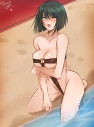 Rule 34 | 1girl, bare shoulders, barefoot, bikini, black hair, blush, bob cut, breast hold, breasts, cleavage, day, green eyes, guilty gear, highres, i-no, jpeg artifacts, large breasts, lips, looking at viewer, mole, mole above mouth, o-ring, o-ring bikini, ocean, one eye closed, parted lips, puckered lips, revealing clothes, seiza, short hair, sitting, solo, swimsuit, thank you, tusia, underboob