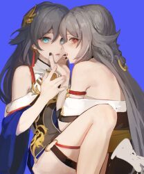 Rule 34 | 2girls, after kiss, bare shoulders, black nails, blue background, blue eyes, fu hua, fu hua (azure empyrea), fu hua (herrscher of sentience), grey hair, hair ornament, hand on another&#039;s face, honkai (series), honkai impact 3rd, kiss, kuliukunkunkunkunkunkunkun, long hair, looking at viewer, multiple girls, nail polish, red eyes, saliva, saliva trail, thigh strap, yuri