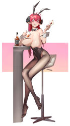 Rule 34 | 1girl, absurdres, ace (playing card), ace of hearts, ahoge, alcohol, animal ears, arm strap, azur lane, bare shoulders, black horns, black leotard, bow, bowtie, breasts, brown pantyhose, card, cleavage, covered navel, cup, curled horns, detached collar, fake animal ears, full body, fushe, heart, highleg, highleg leotard, highres, hindenburg (azur lane), hindenburg (delirious duel) (azur lane), holding, holding card, holding cup, horns, huge ahoge, huge breasts, leotard, long hair, looking at viewer, official alternate costume, pantyhose, pink background, playboy bunny, playing card, pointy ears, rabbit ears, red eyes, red hair, sagging breasts, sitting, smile, solo, strapless, strapless leotard, traditional bowtie, two-tone background, undersized breast cup, whiskey, white background, wrist cuffs