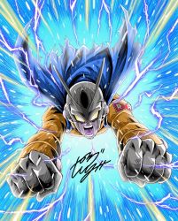 Rule 34 | 1boy, aura, blank eyes, blue cape, cape, charging forward, clenched hands, colored skin, dragon ball, dragon ball super, dragon ball super super hero, electricity, gamma 2, grey skin, highres, long sleeves, male focus, open mouth, red ribbon army, screaming, solo, youngjijii