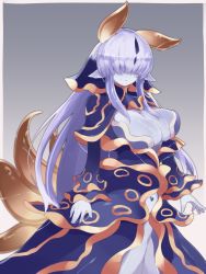 Rule 34 | 1girl, blue dress, blue skin, blush, breasts, capelet, colored skin, commentary, covered eyes, dress, facing viewer, grey background, hair over eyes, highres, horns, large breasts, light smile, long hair, monster girl, monster girl encyclopedia, open clothes, open dress, pointy ears, purple hair, simple background, slug girl, solo, tritonia (monster girl encyclopedia), very long hair, wide sleeves, yonaga san