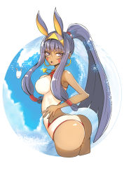 Rule 34 | 1girl, animal ears, arched back, ass, breasts, competition swimsuit, cosplay, cowboy shot, cropped legs, dark-skinned female, dark skin, earrings, facepaint, facial mark, fate/grand order, fate (series), gin moku, hoop earrings, impossible clothes, jackal ears, jewelry, large breasts, long hair, looking at viewer, low-tied long hair, medjed (fate), medjed (fate) (cosplay), nitocris (fate), nitocris (fate/grand order), nitocris (swimsuit assassin) (fate), nitocris (swimsuit assassin) (second ascension) (fate), one-piece swimsuit, open mouth, outside border, ponytail, purple eyes, purple hair, solo, swimsuit, thighs, white one-piece swimsuit, wide hips