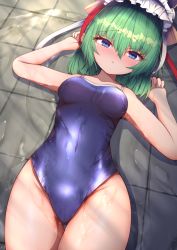 Rule 34 | 1girl, alternate costume, arms up, blue eyes, blush, breasts, commentary request, covered navel, cowboy shot, darumoon, frilled hat, frills, green hair, hair between eyes, hat, highres, looking at viewer, lying, medium breasts, medium hair, nose blush, on back, open mouth, school swimsuit, shiki eiki, solo, swimsuit, tile floor, tiles, touhou, water