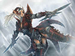 Rule 34 | 1girl, action, armor, attack, blonde hair, blue eyes, boots, capcom, cold, dual wielding, fighting stance, gauntlets, hayama kazusa, holding, ice, long hair, monster hunter (series), open mouth, rathalos (armor), solo, sword, vambraces, weapon, white hair