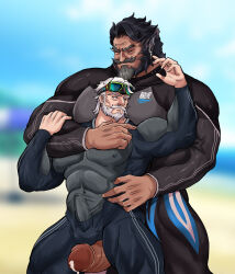 Rule 34 | 2boys, animal ears, bara, beard, between pecs, between pectorals, black bodysuit, blue bodysuit, bodysuit, bulge, caressing, commission, couple, covered erect nipples, cum, cumdrip, dadee (da ddy22), diving suit, erection, erection under clothes, facial hair, feet out of frame, girthy penis, goggles, goggles on head, head between pecs, height difference, highres, large pectorals, male focus, mature male, multiple boys, muscular, muscular male, mustache, old, old man, original, pectorals, penis, penis size difference, short hair, size difference, standing, strongman waist, taut clothes, thick eyebrows, thick mustache, thick thighs, thigh sex, thighs, uncensored, wetsuit, yaoi