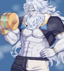 Rule 34 | 1boy, abs, bara, beard, biceps, blue background, blue eyes, blush, bracelet, colored skin, dumbbell, facial hair, fate/grand order, fate (series), feet out of frame, gym uniform, hand on own hip, highres, jacket, jewelry, large pectorals, long hair, male focus, manly, mature male, muscular, muscular male, one eye closed, pectorals, shorts, simple background, smile, solo, sweat, sweatdrop, thick arms, thick eyebrows, tight clothes, towel, towel around neck, white hair, white skin, yaekaidou, zeus (fate)