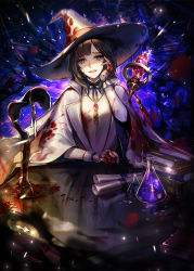 Rule 34 | 1girl, blood, blood on clothes, blood on face, book, brown hair, crying, eu (euspia), hand on own face, hat, jung hayan (regressor&#039;s instruction manual), potion, regressor&#039;s instruction manual, scroll, short hair, solo, staff, table, witch hat