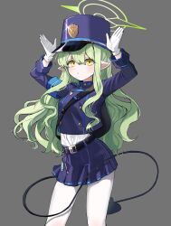 Rule 34 | 1girl, :&lt;, absurdres, arms up, belt, black belt, blue archive, blue hat, blue jacket, blue skirt, blush, buttons, cowboy shot, cropped jacket, demon tail, double-breasted, g1 (user tjwy5444), gloves, green hair, green halo, grey background, hair between eyes, halo, hat, highres, hikari (blue archive), jacket, long hair, long sleeves, pantyhose, peaked cap, pleated skirt, pointy ears, shirt, shirt tucked in, short eyebrows, sidelocks, simple background, skirt, solo, tail, wavy hair, white gloves, white pantyhose, white shirt, yellow eyes