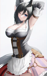 Rule 34 | 1girl, absurdres, animal ears, armpits, arms up, blue eyes, blush, bob cut, bodice, breasts, bsmage, choker, cleavage, closed mouth, commentary, cowboy shot, detached sleeves, dirndl, dress, ear ornament, ear scrunchie, eishin flash (umamusume), frilled dress, frills, german clothes, highres, horse ears, horse girl, horse tail, large breasts, long sleeves, one eye closed, red choker, scrunchie, simple background, smile, solo, symbol-only commentary, tail, umamusume, white background, white scrunchie