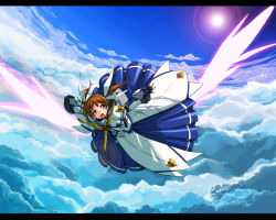 Rule 34 | 10s, 1girl, above clouds, adapted costume, cloud, day, female focus, flying, letterboxed, lyrical nanoha, mahou shoujo lyrical nanoha, mahou shoujo lyrical nanoha the movie 1st, nekomamire, outdoors, sky, solo, takamachi nanoha, wings