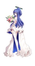 Rule 34 | 1girl, absurdres, alternate hairstyle, blue archive, blue eyes, bouquet, dress, elbow gloves, flower, garter straps, gloves, halo, high heels, highres, holding, holding bouquet, long dress, looking at viewer, one side up, ponytail, purple hair, seo garam, simple background, smile, solo, thighhighs, tiara, two-sided dress, two-sided fabric, wedding dress, white background, white dress, white footwear, white gloves, white thighhighs, yuuka (blue archive)