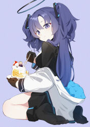 Rule 34 | 1girl, absurdres, black skirt, black socks, blue archive, breasts, cake, closed mouth, food, fork, formal, halo, highres, holding, holding fork, jacket, long hair, long sleeves, mechanical halo, medium breasts, purple background, purple eyes, purple hair, simple background, skirt, socks, solo, suit, two-sided fabric, two-sided jacket, two side up, wako (1194433260), white jacket, yuuka (blue archive)