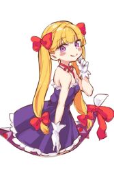 Rule 34 | bare arms, bare shoulders, blonde hair, bow, bowtie, breasts, dress, frills, gap (touhou), gloves, hand on own cheek, hand on own face, highres, itatatata, leaning forward, looking at viewer, purple dress, purple eyes, red bow, red bowtie, simple background, small breasts, smile, thigh gap, touhou, twintails, twintails day, white gloves, yakumo yukari, yakumo yukari (young)