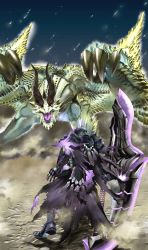 Rule 34 | 1boy, armor, capcom, cape, claws, dragon, dust cloud, from behind, gateofrage, gore magala (armor), highres, horns, monster, monster hunter (series), monster hunter 4, night, night sky, red eyes, scales, shagaru magala, shagaru magara, sky, switch axe, sword, weapon, wings