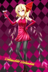 Rule 34 | 1girl, alternate costume, bad id, bad pixiv id, blonde hair, character name, crystal, dress, elbow gloves, female focus, flandre scarlet, glass, gloves, hair ribbon, highres, jewelry, necklace, open mouth, red eyes, ribbon, side ponytail, solo, standing, touhou, wings, yuxyon