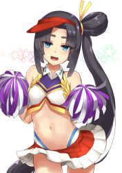 Rule 34 | 1girl, :d, bare shoulders, black hair, blue eyes, blunt bangs, breasts, cheerleader, contrapposto, cowboy shot, fate/grand order, fate (series), long hair, looking at viewer, midriff, navel, open mouth, pinta (ayashii bochi), pom pom (cheerleading), side ponytail, sidelocks, small breasts, smile, solo, standing, star (symbol), thick eyebrows, ushiwakamaru (fate), very long hair, visor cap, wing collar