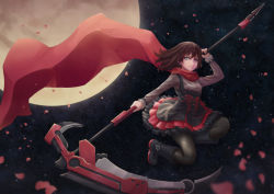 Rule 34 | 1girl, alternate costume, black footwear, black pantyhose, boots, brown hair, cape, frills, full moon, grey eyes, knee boots, laces, moon, pantyhose, petals, red cape, red hood, rose petals, ruby rose, rwby, scythe, short hair, skirt, solo, star (symbol), willgoon