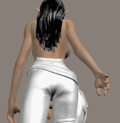 Rule 34 | 3d, animated, animated gif, ass, back, black hair, breasts, dark skin, elf, futanari, large breasts, long hair, lowres, pants, penis, pointy ears, solo, testicles, topless, walking